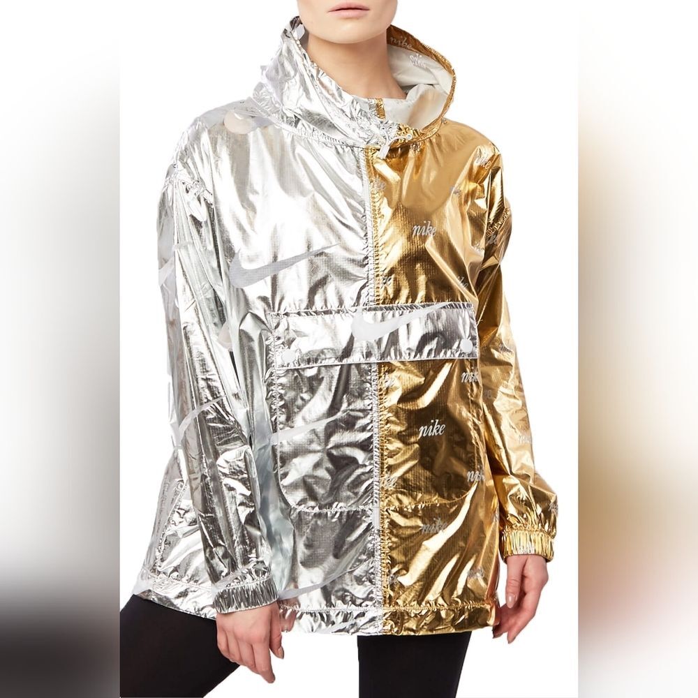 Nike Metallic Nylon Pullover Silver Gold Colorblock Hood Less Windbreaker XS